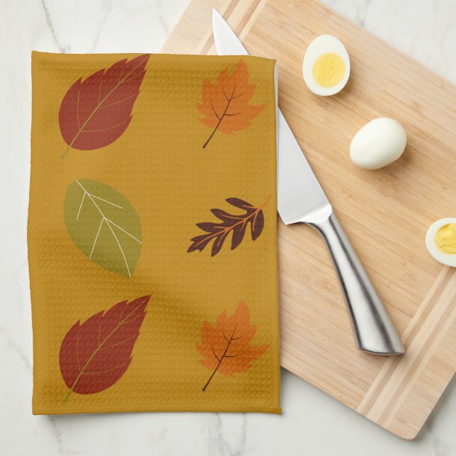 Autumn Earth-Tone Colors Fall Leaves Pattern Kitchen Towel (Quarter Fold)