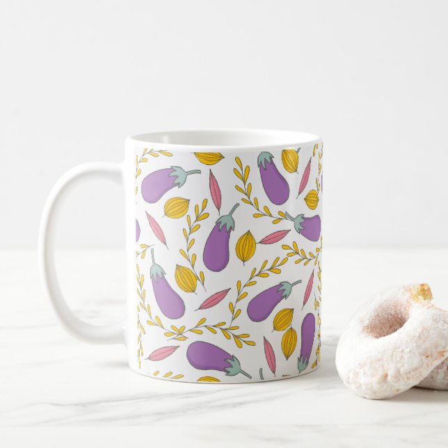 Autumn | Eggplant Yellow Leaf Foliage Pattern Coffee Mug (With Donut)