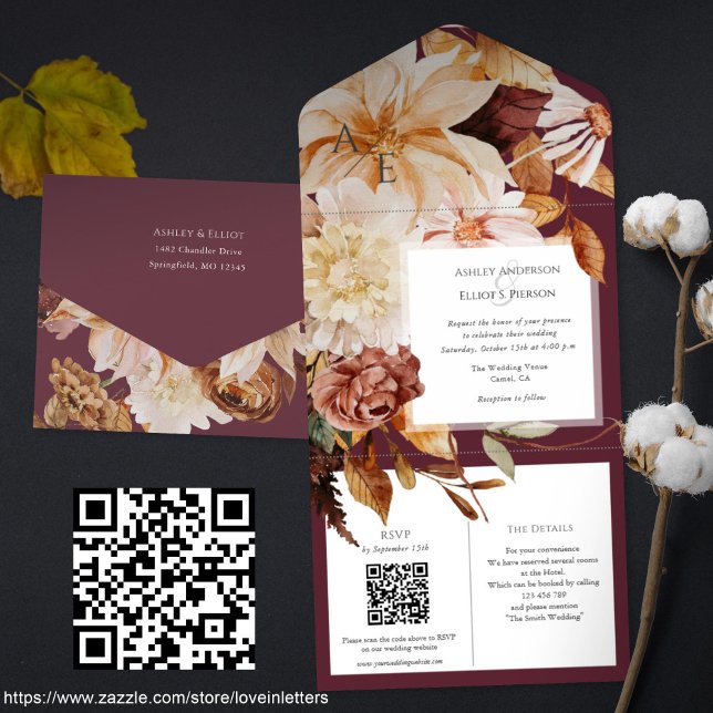 Autumn Elegance, fall wedding invite with QR rsvp (Maroon fall wedding invitation with QR code rsvp and details cards. Watercolor Floral autumn wedding)