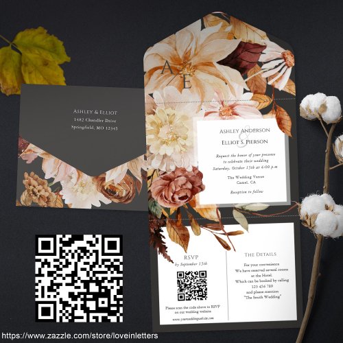 Autumn Elegance fall wedding invite with QR rsvp