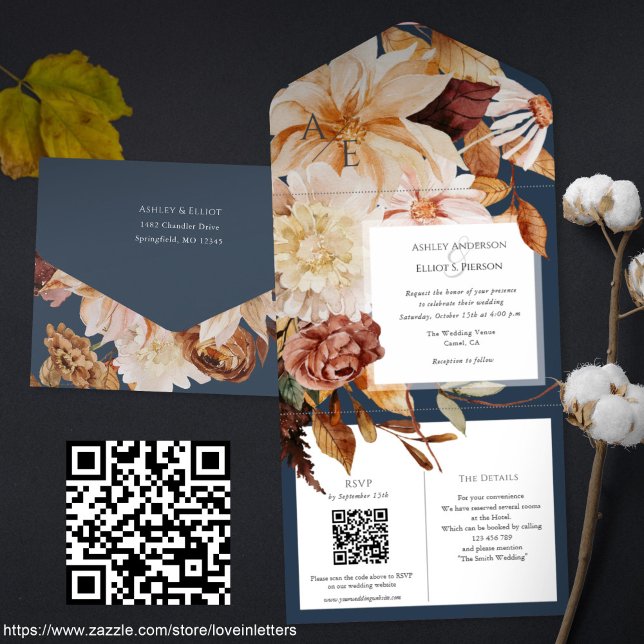 Autumn Elegance, fall wedding invite with QR rsvp (Navy blue fall wedding invitation, Qr code rsvp, details cards. All-in-one Autumn floral invitations)