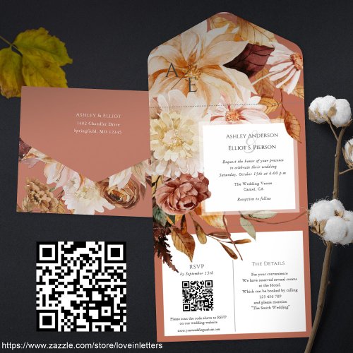 Autumn Elegance fall wedding invite with QR rsvp