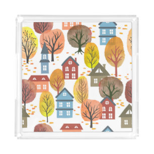 Autumn Elegance: Watercolor City and Trees Acrylic Tray