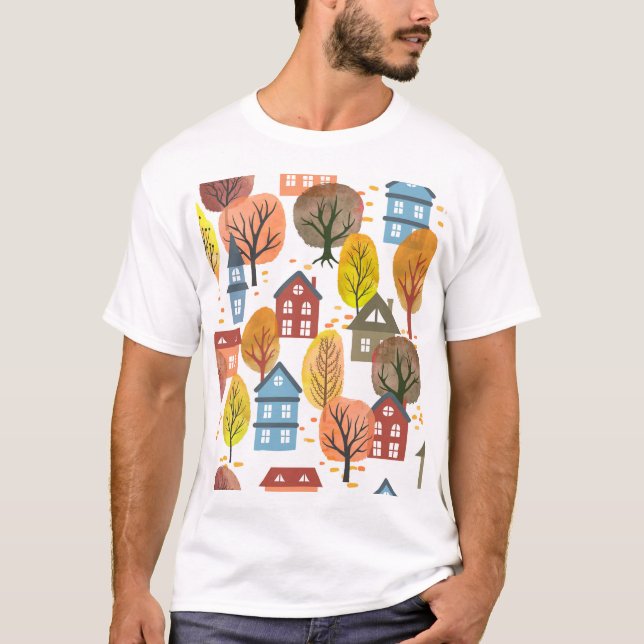 Autumn Elegance: Watercolor City and Trees T-Shirt (Front)