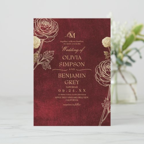 Autumn Elegant Burgundy & Gold Botanical Wedding Invitation