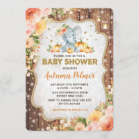 Autumn Elephant Baby Shower Fall Floral Pumpkin Invitation