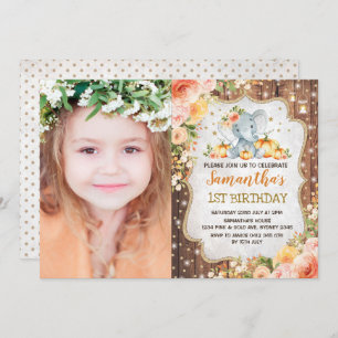 Autumn Elephant Fall Floral Rustic First Birthday Invitation