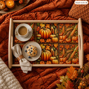 Autumn Embossed Pumpkins on Wood Serving Tray