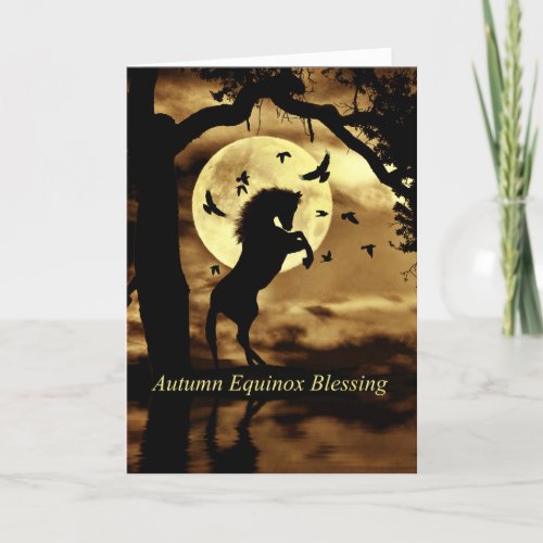Autumn Equinox Blessings With Rearing Horse Ravens Card