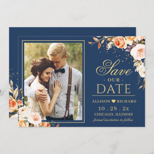 Autumn Evening Wedding Gold Orange Floral Photo Save The Date - Autumn Evening Wedding Gold Orange Floral Photo Wedding Save the Date Card. 
(1) For further customization, please click the "customize further" link and use our design tool to modify this template. 
(2) If you prefer thicker papers / Matte Finish, you may consider to choose the Matte Paper Type.
