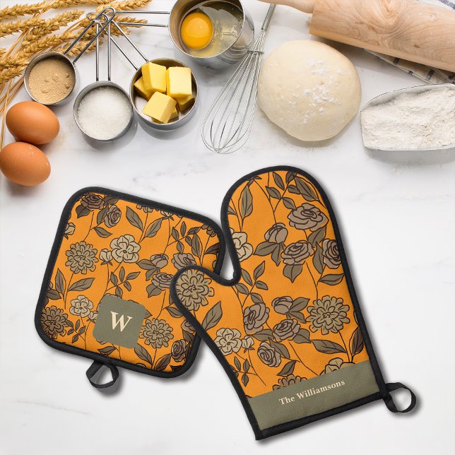 Autumn Exotic Flowers Customize Monogram Oven Mitt & Pot Holder Set (Creator Uploaded)