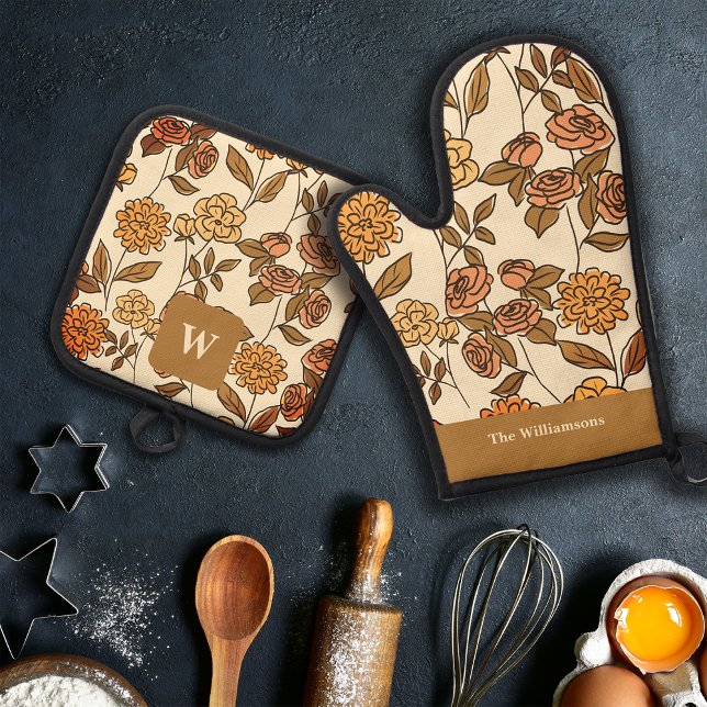 Autumn Exotic Flowers Customize Monogram Oven Mitt & Pot Holder Set (Creator Uploaded)