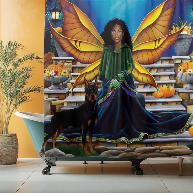 Autumn Fairy Guardian Doberman Fantasy Shower Curtain (Creator Uploaded)
