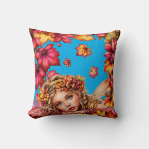 Autumn Fairy Portrait with Maple Leaves Frame Throw Pillow