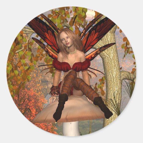 Autumn Fairy sitting on a toadstool with woodland Classic Round Sticker