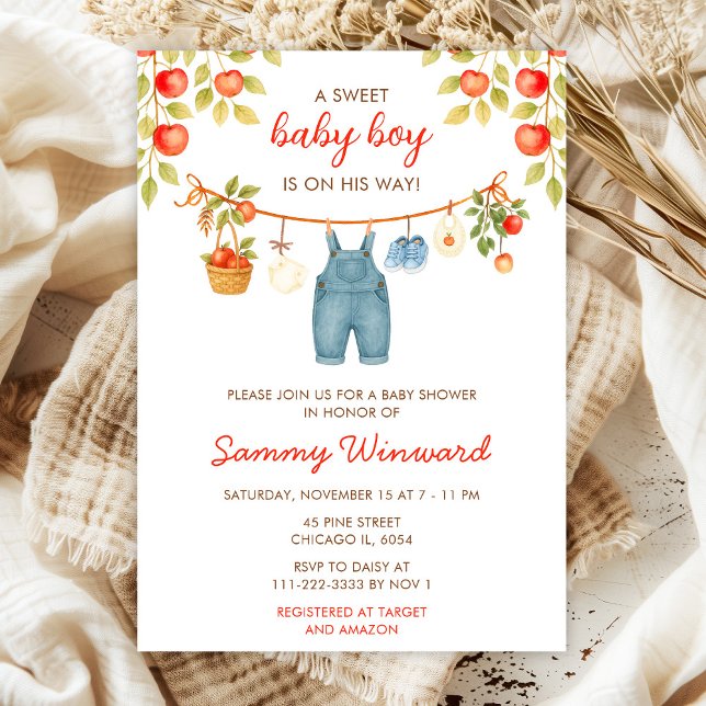 Autumn Fall Apple Clothes Line Boy Baby Shower Invitation (Creator Uploaded)