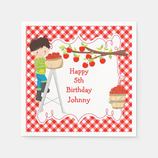 Autumn Fall Apple Picking Black Hair Boy Birthday Napkins (Front)