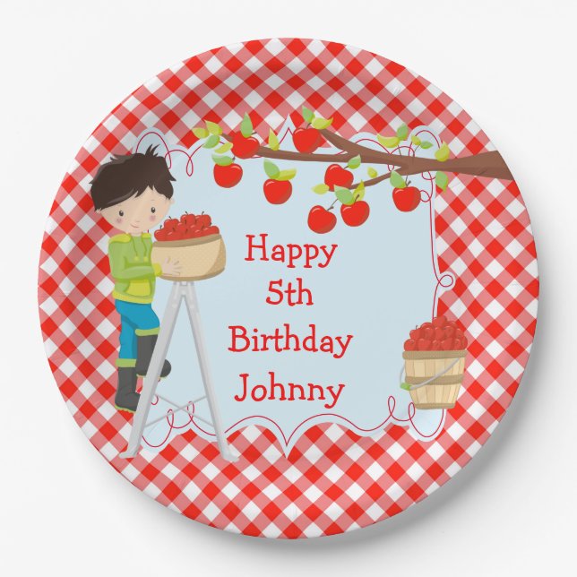 Autumn Fall Apple Picking Black Hair Boy Birthday Paper Plates (Front)