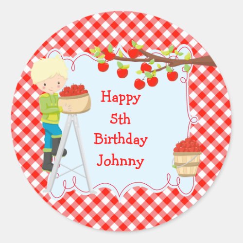 Autumn Fall Apple Picking Blonde Boy Birthday Classic Round Sticker