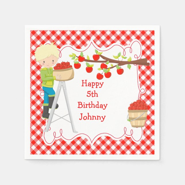 Autumn Fall Apple Picking Blonde Boy Birthday Napkins (Front)