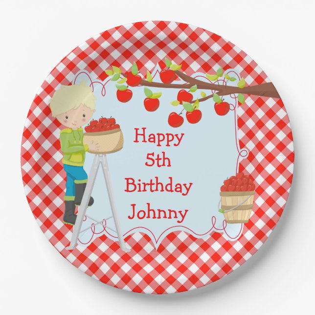 Autumn Fall Apple Picking Blonde Boy Birthday Paper Plates (Front)