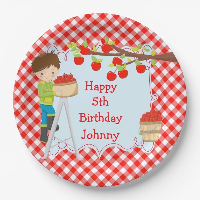 Autumn Fall Apple Picking Brunette Boy Birthday Paper Plates (Front)