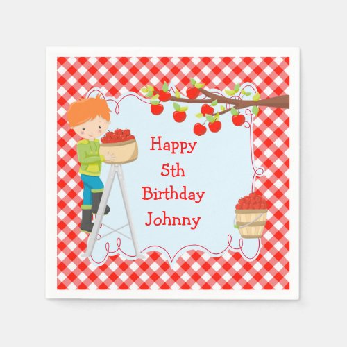 Autumn Fall Apple Picking Red Hair Boy Birthday Napkins