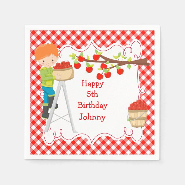 Autumn Fall Apple Picking Red Hair Boy Birthday Napkins (Front)