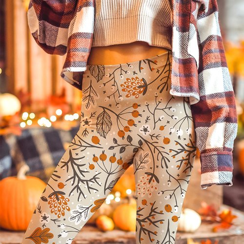 Autumn Fall Berries Leaves And Branches Pattern Leggings