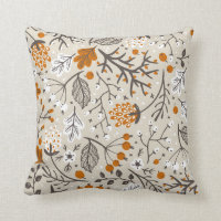 Autumn Fall Berries Leaves and Branches Pattern Throw Pillow