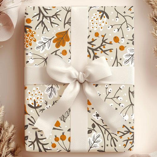 Autumn Fall Berries Leaves and Branches Pattern Wrapping Paper