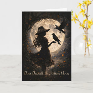 Autumn Fall Birthday with Cute Mystical Girl Raven Card