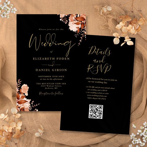 Autumn Fall Black And Gold QR Code Wedding Invitation