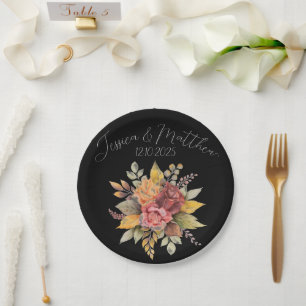 Autumn Fall Black Rustic Watercolor Wedding Paper Plates