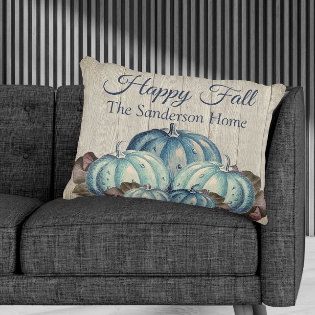 Autumn Fall Blue Pumpkin Rustic Cute Gray Wood   A Accent Pillow (Creator Uploaded)