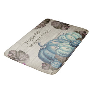 Autumn Fall Blue Pumpkin Rustic Cute Gray Wood Bath Mat