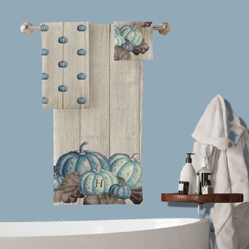 Autumn Fall Blue Pumpkin Rustic Cute Gray Wood  Bath Towel Set