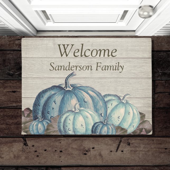 Autumn Fall Blue Pumpkin Rustic Cute Gray Wood   D Doormat (Creator Uploaded)