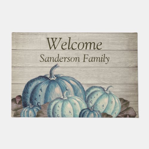 Autumn Fall Blue Pumpkin Rustic Cute Gray Wood Doormat