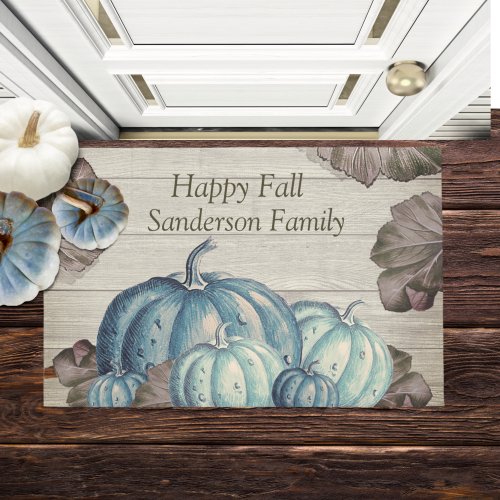 Autumn Fall Blue Pumpkin Rustic Cute Gray Wood Doormat