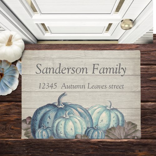 Autumn Fall Blue Pumpkin Rustic Cute Gray Wood   Doormat