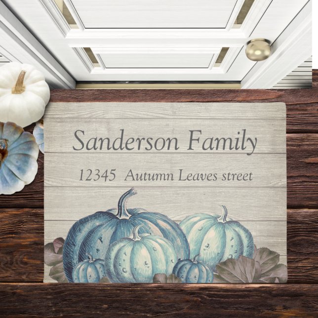 Autumn Fall Blue Pumpkin Rustic Cute Gray Wood   Doormat (Creator Uploaded)