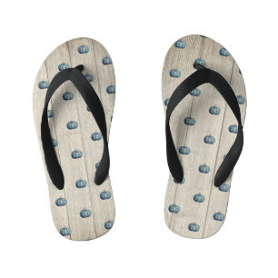 Autumn Fall Blue Pumpkin Rustic Cute Gray Wood Kid's Flip Flops