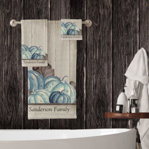 Autumn Fall Blue Pumpkin Rustic Cute Gray Wood  Sh Bath Towel Set