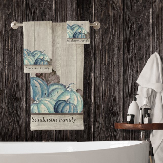 Autumn Fall Blue Pumpkin Rustic Cute Gray Wood  Sh Bath Towel Set (Creator Uploaded)