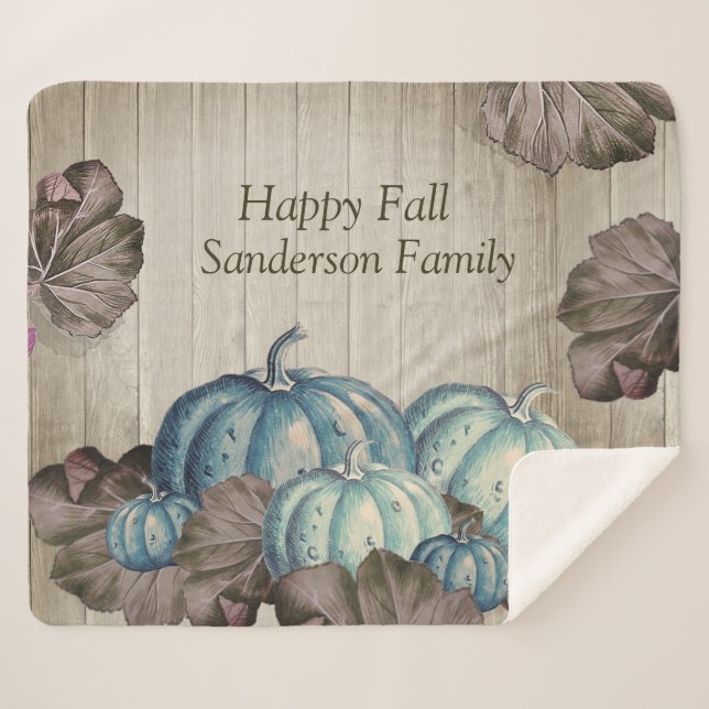 Autumn Fall Blue Pumpkin Rustic Cute Gray Wood  Sherpa Blanket (Front (Horizontal))