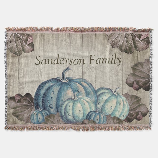 Autumn Fall Blue Pumpkin Rustic Cute Gray Wood Throw Blanket (Front)
