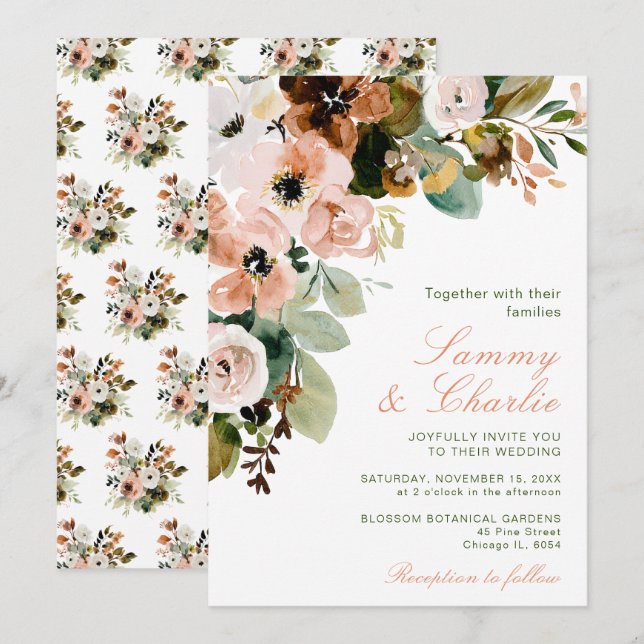 Autumn Fall Blush Pink Flowers and Foliage Wedding Invitation (Front/Back)