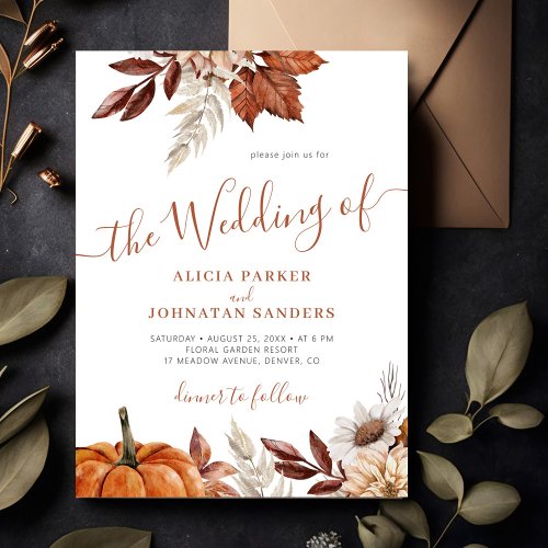 Autumn fall boho botanical foliage wedding invitation