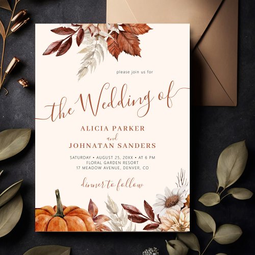 Autumn fall boho botanical ivory wedding invitation